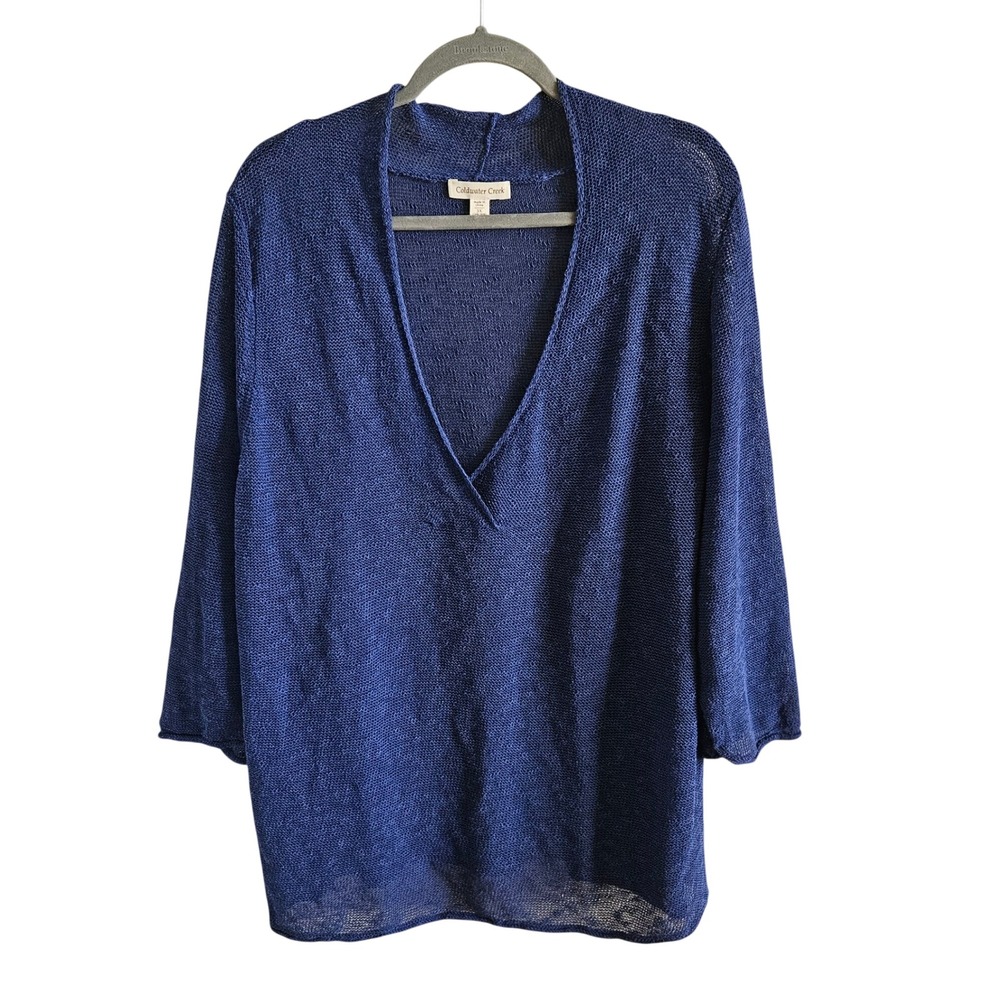Coldwater Creek Blue Linen Cotton Blend V-Neck Knit Sweater 3X Plus Size 24W-26W